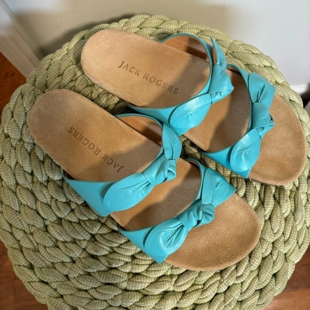 Jack Rogers Rose Aqua Blue Leather Double Knot Slide Flat Sandals Size 9